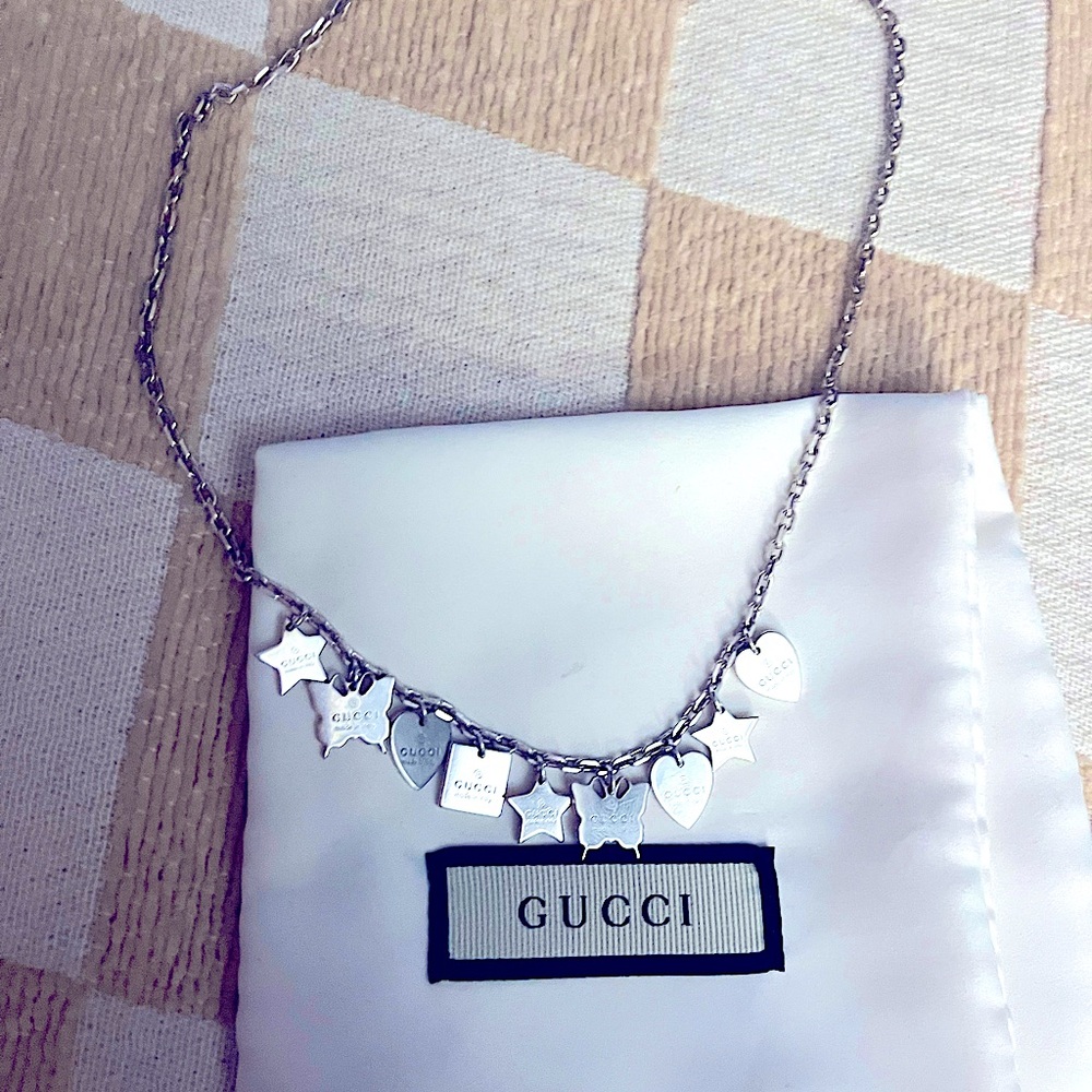 Silver Gucci Charm Butterfly and Heart Necklace, dust bag included